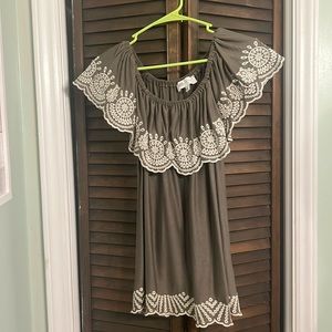 Olive colored off the shoulder blouse